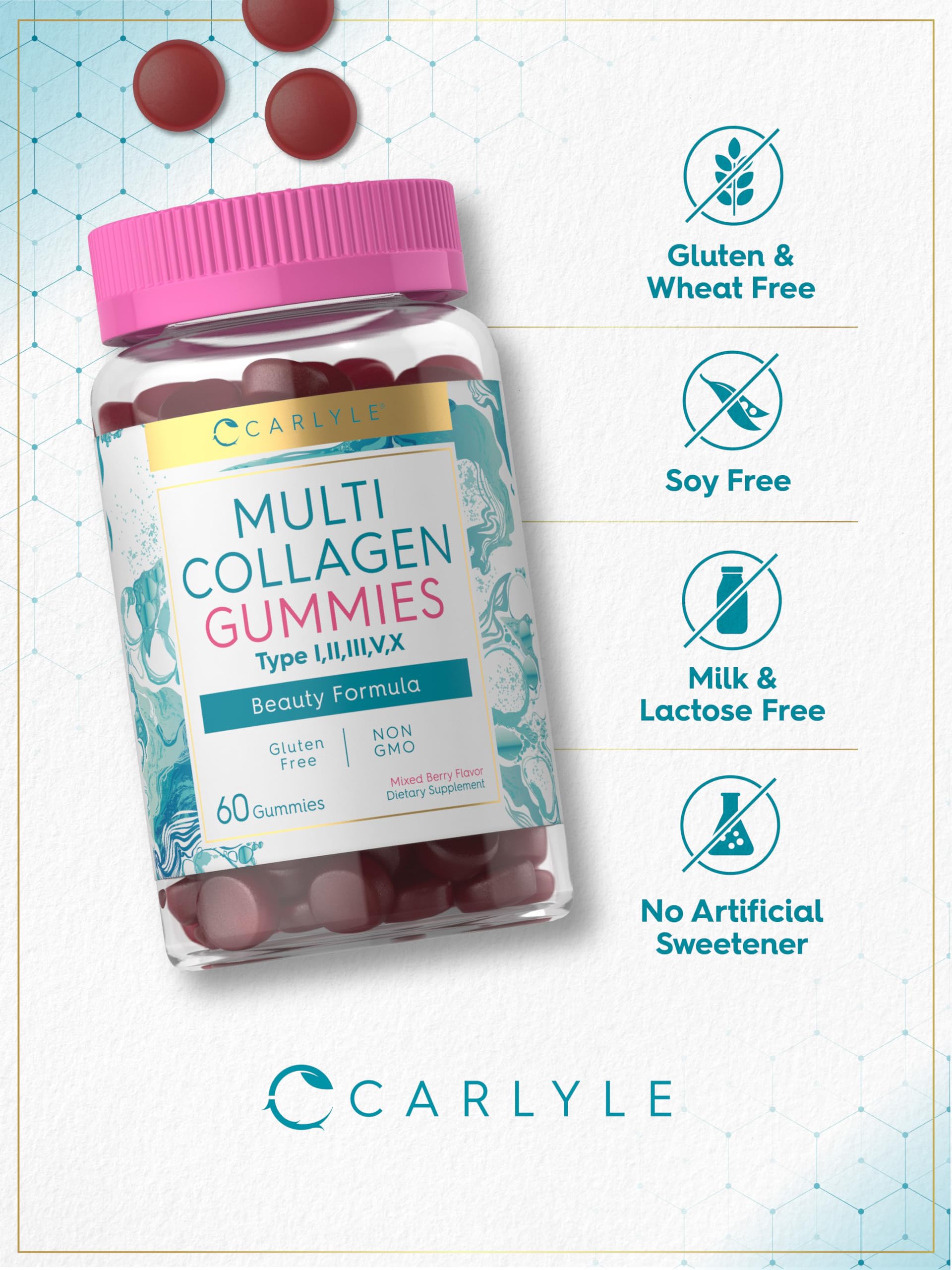 Carlyle Collagen Gummies | 60 Count | Multi Collagen Complex | Beauty Formula Supplement | Mixed Berry Flavor | Non-GMO, Gluten Free